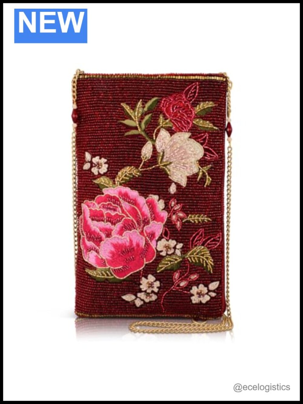 Beaded Floral Crossbody Phone Bag with Removable Chain Strap and Zipper Closure